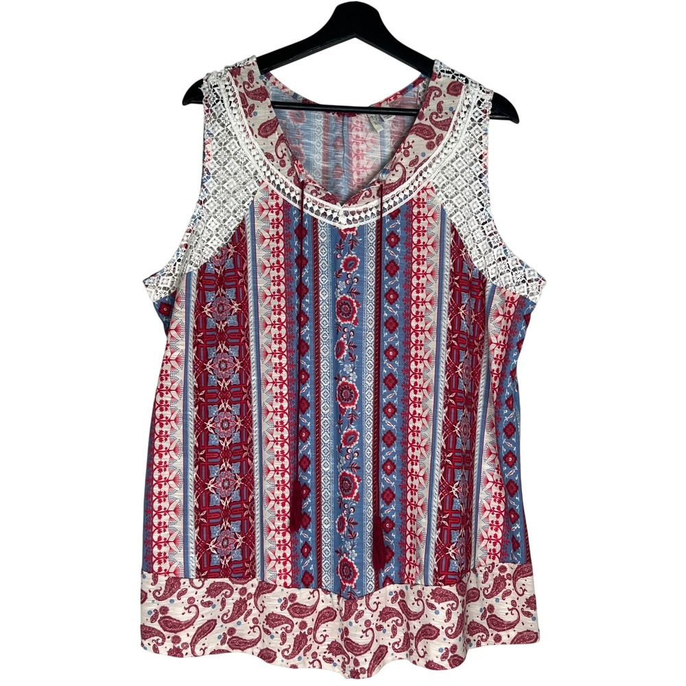 CATO Plus Size 18/20W Boho Mixed Print Sleeveless Top Crochet Lace Tassels